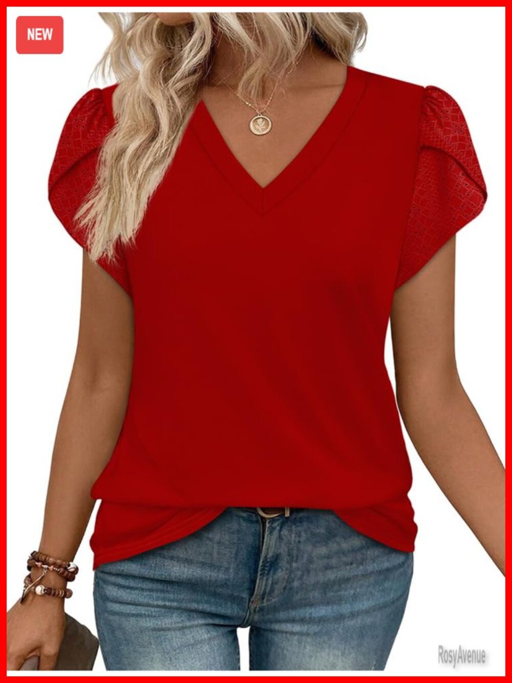 Womens V-Neck Petal Sleeve Lace Blouse Business Casual Work Top
